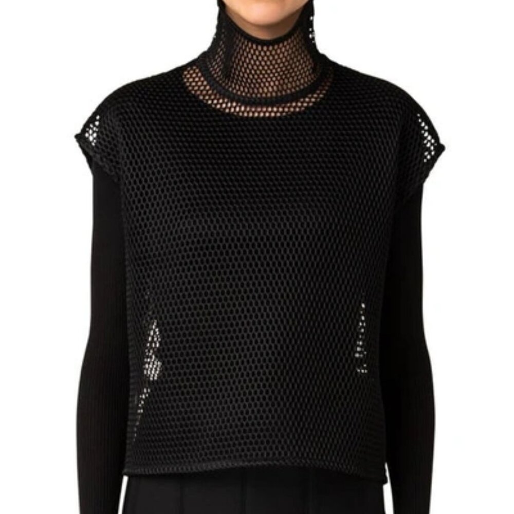 AKRIS Top Womens 8 Black Grid Shirt Mesh Fishnet High Neck Poncho Top Designer